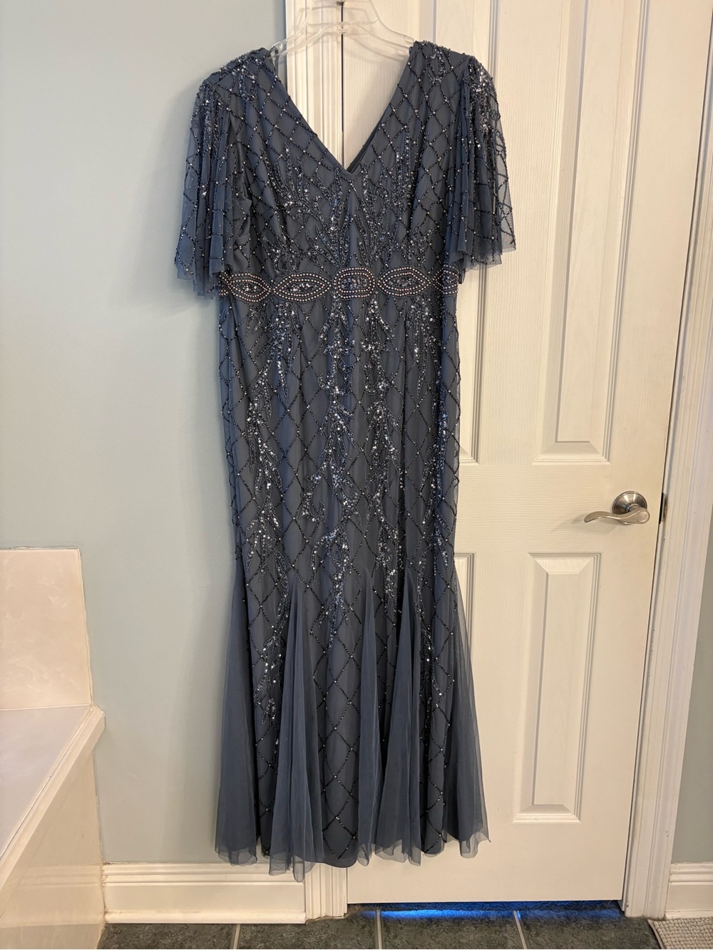 Adrianna Papell Beaded Dusty Blue Dress with Zip Closure